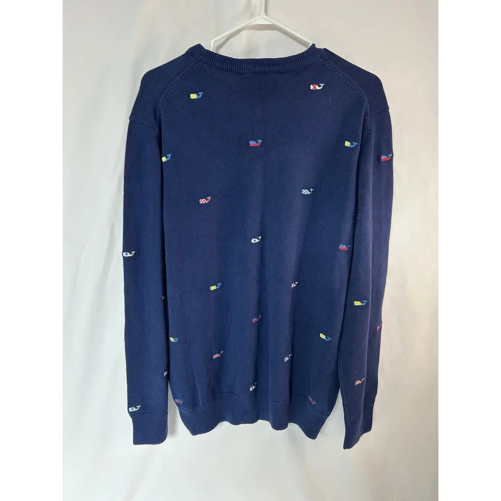 NWT Vineyard Vines Burgee Flag Whale Embroidered Crew Neck Sweater Navy Blue Med